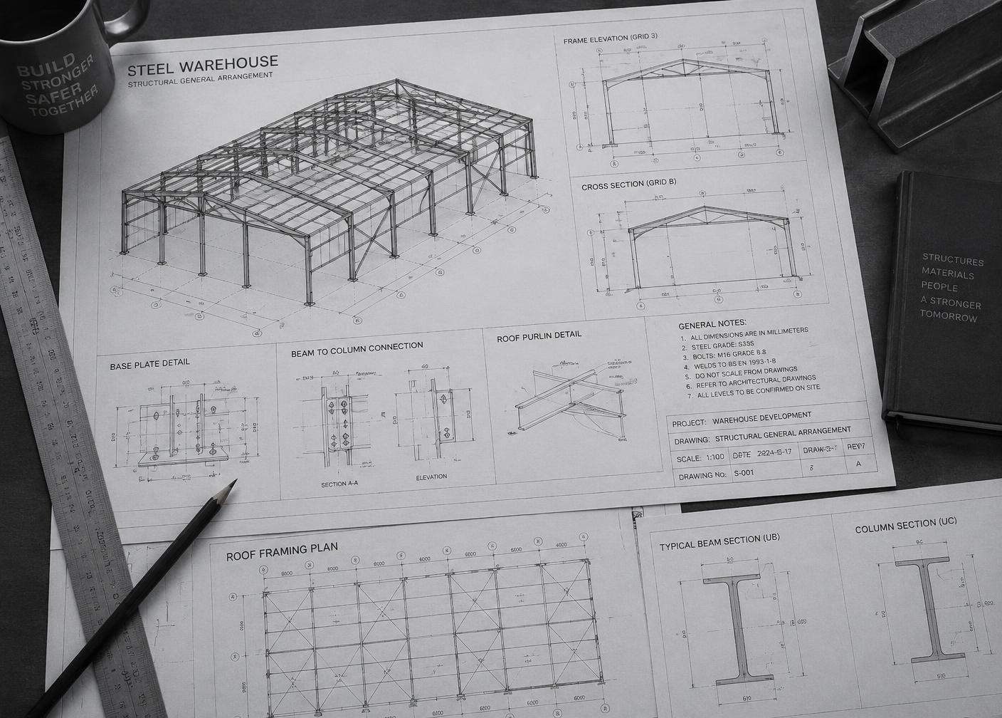 Desenhos técnicos e planta estrutural de galpão metálico