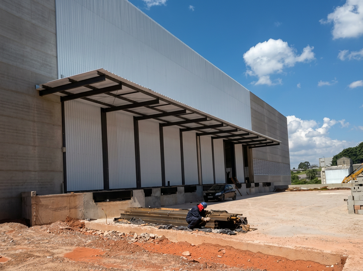 Cobertura metálica em fachada industrial